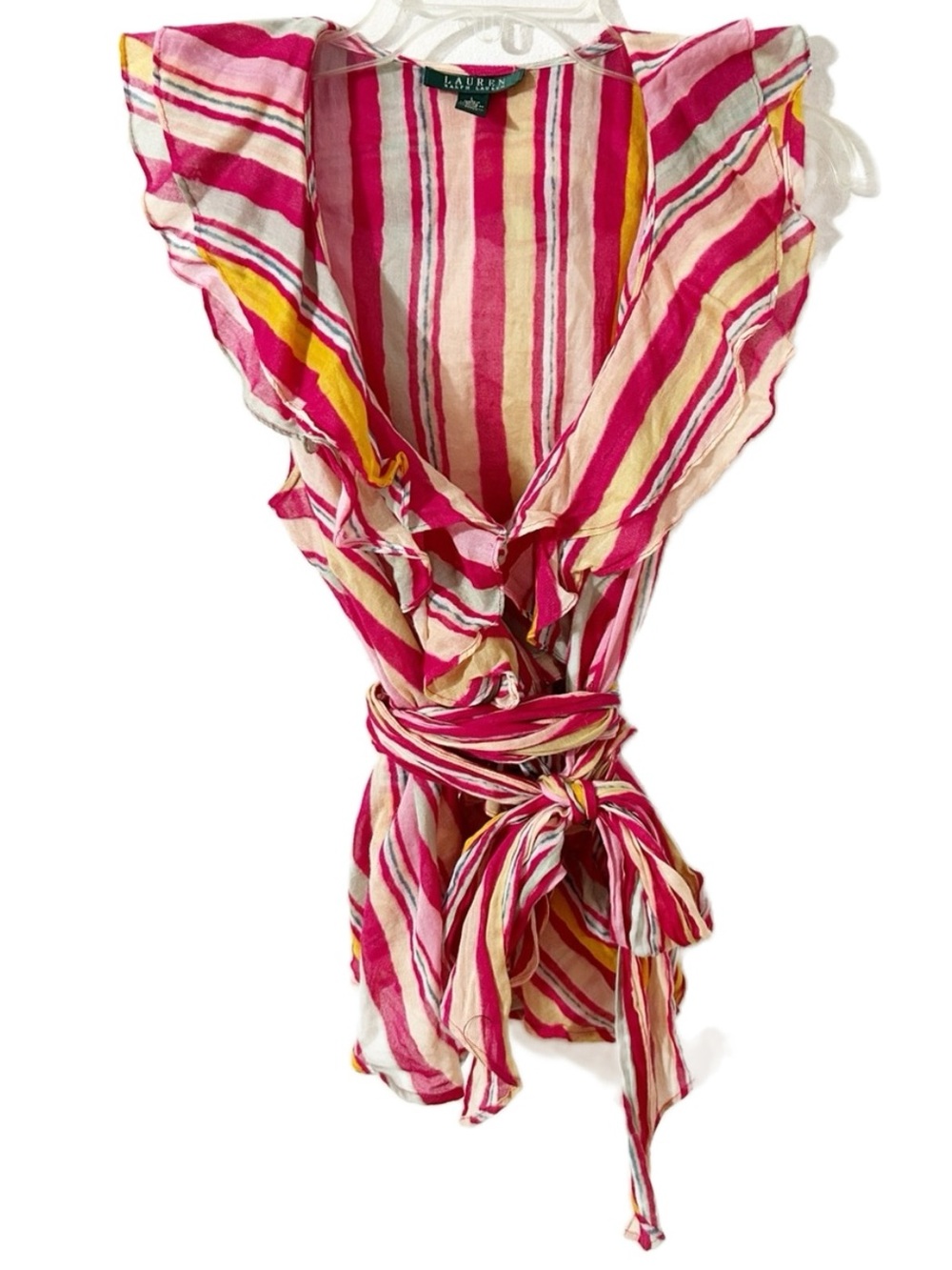 Lauren Ralph Lauren Multicolor Striped Ruffled Wrap Top Size L – 100% Cotton